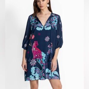 Johnny Was Jade Leilana Vesna Navy Floral & Cat Tie-Neck Dress Silk Blend NWT